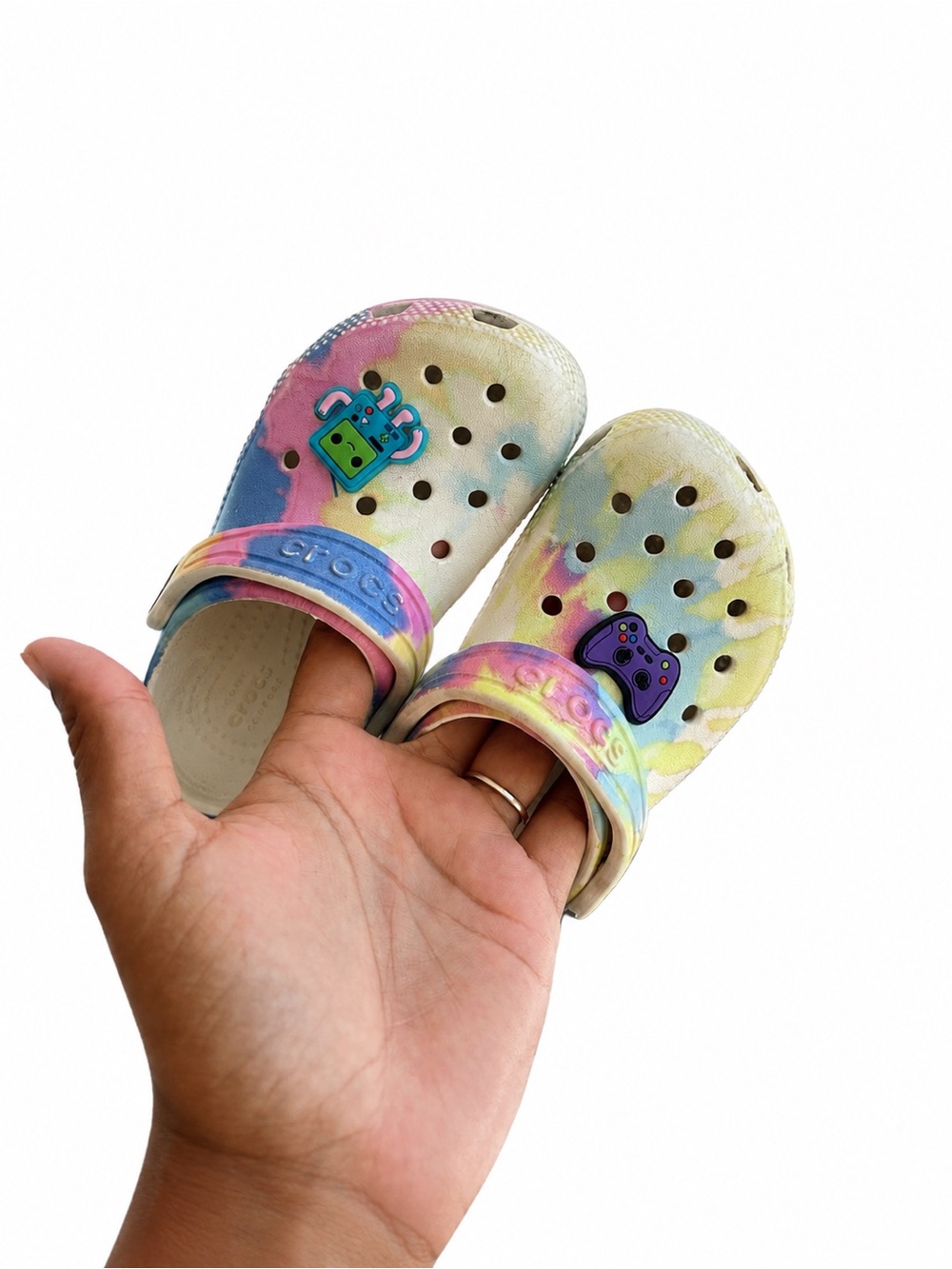 CROCS Kids Pastel Tie-Dye Clogs in Yellow, Pink, Blue